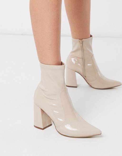 New Look patent PU heeled boots in oatmeal