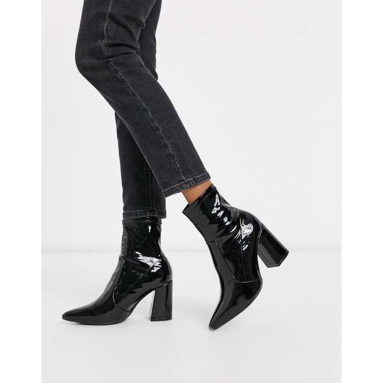 New Look patent PU heeled pointed sock boots in black ASOS