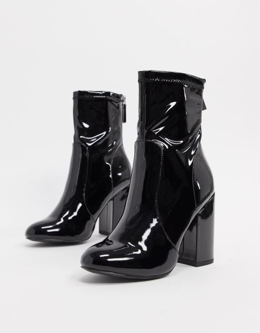 asos design elsie high heeled sock boots in bone patent