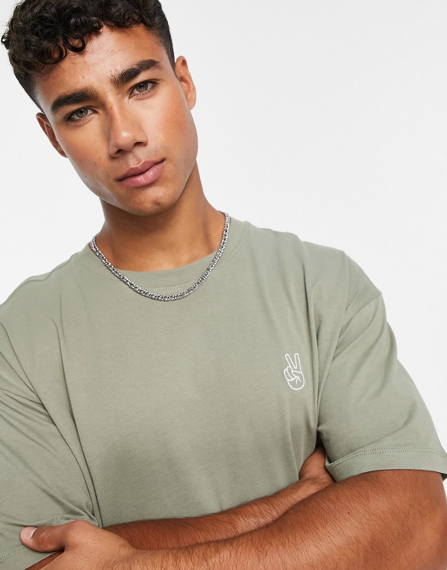 New Look peace embroidered oversized t-shirt in sage-Green