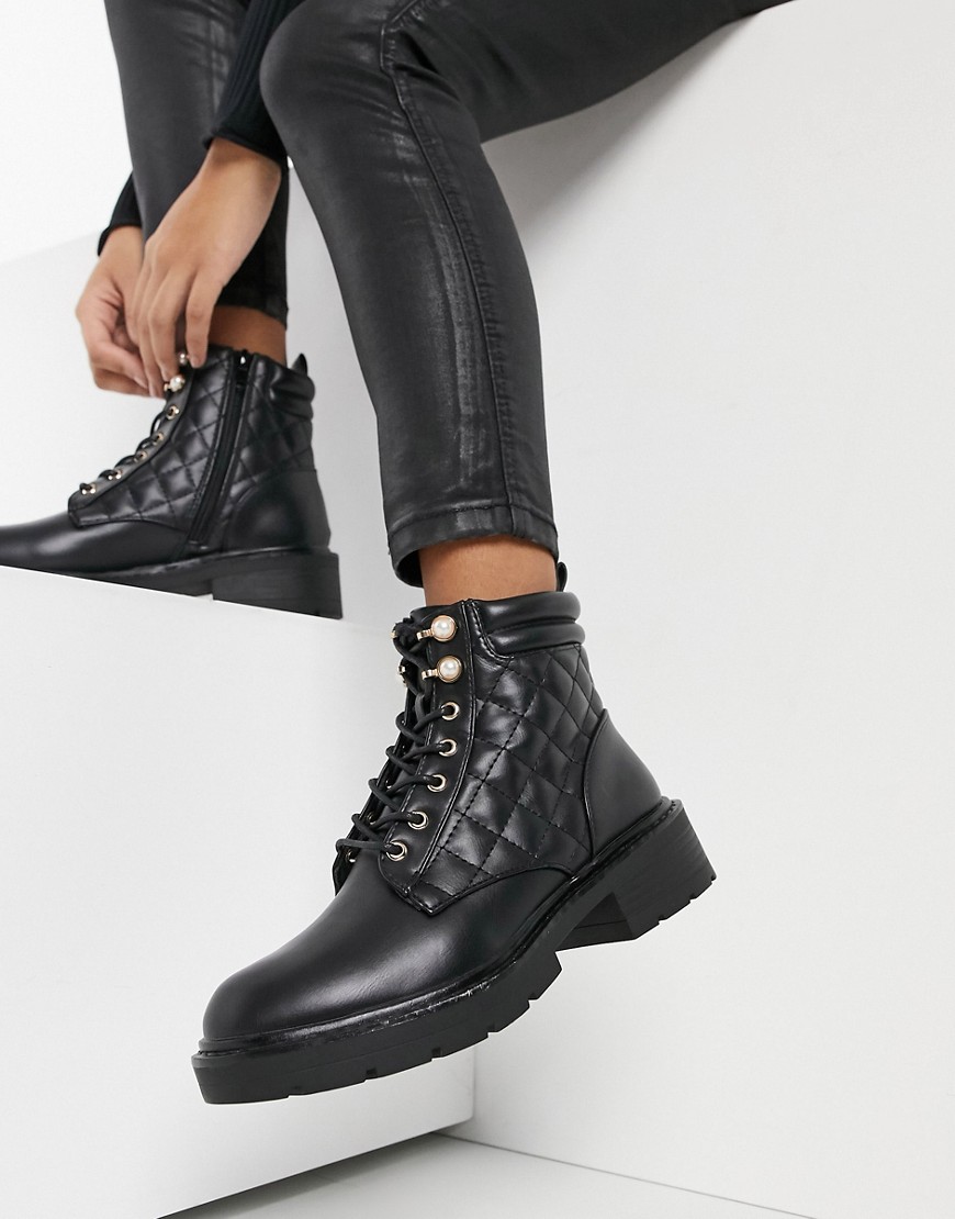 New Look pearl detail quilted lace up hiker boots in black