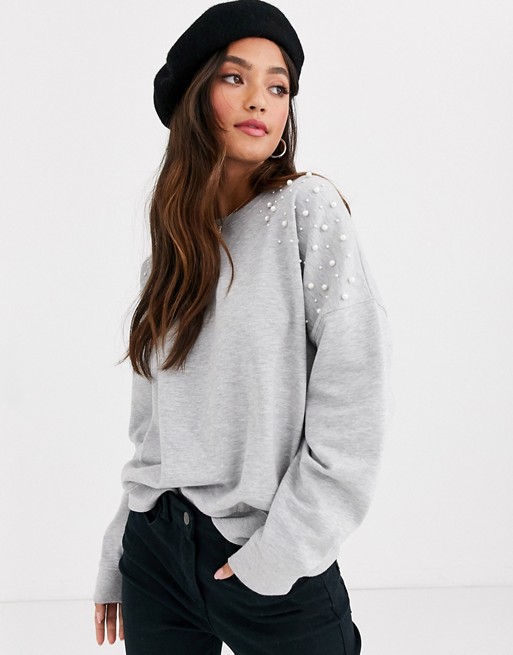 New Look pearl embellished sweat in mid grey