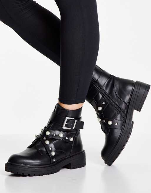 New Look pearl studded flat boot in black