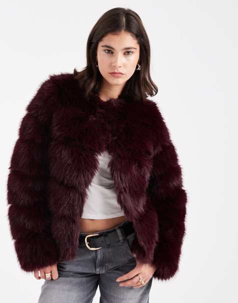 New Look pelted fur jacket in burgundy