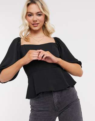 New Look peplum hem square neck top in black | ASOS