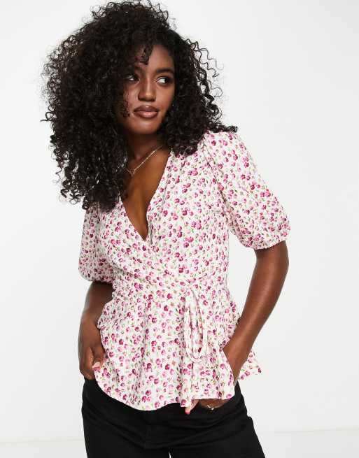 New Look peplum wrap top in pink floral print