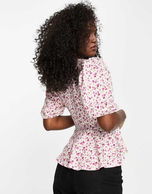 New Look peplum wrap top in pink floral print