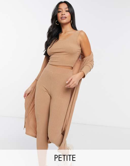 New Look Petite 3 piece ribbed cardigan, legging & crop top set in camel