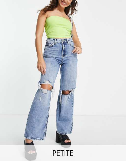 Mid Blue Wash Cut Out Waist Band 90'S Boyf Jeans