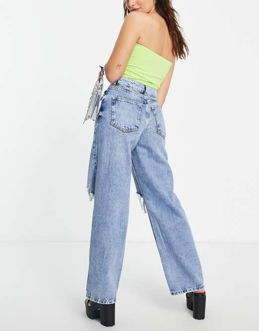 New Look Petite 90s ripped baggy jean in mid blue