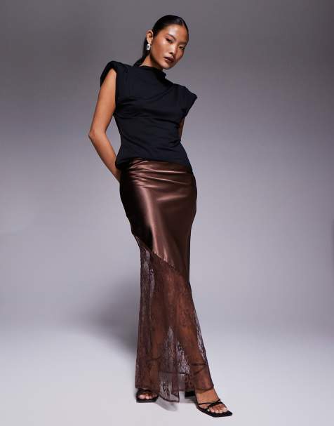 New Look Petite - Asymmetrische midi-rok van satijn en kant in bruin - view 1