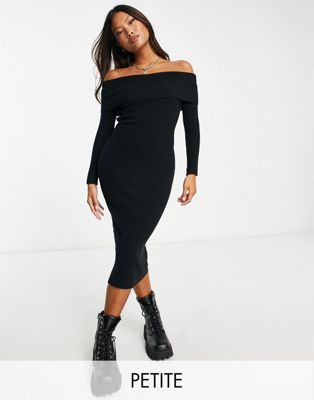 New Look Petite Bardot Ribbed Midi Dress In Black