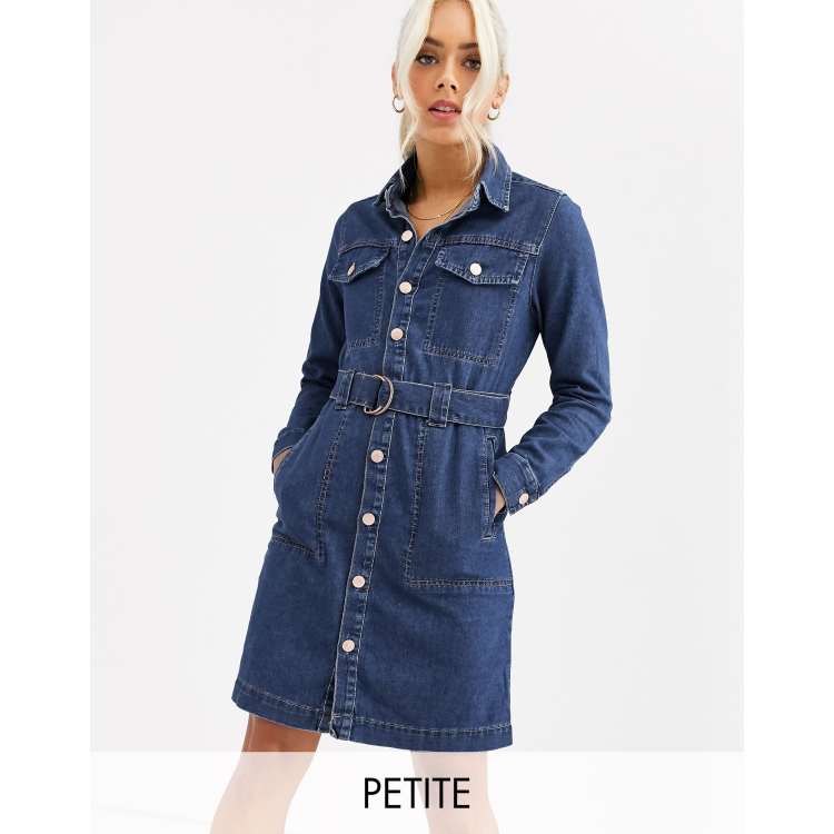 New Look Petite belted denim shirt dress in blue ASOS