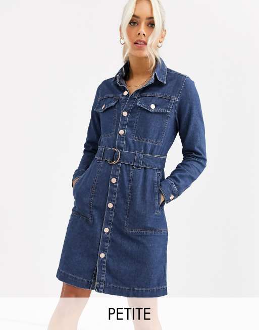 New Look Petite belted denim shirt dress in blue | ASOS