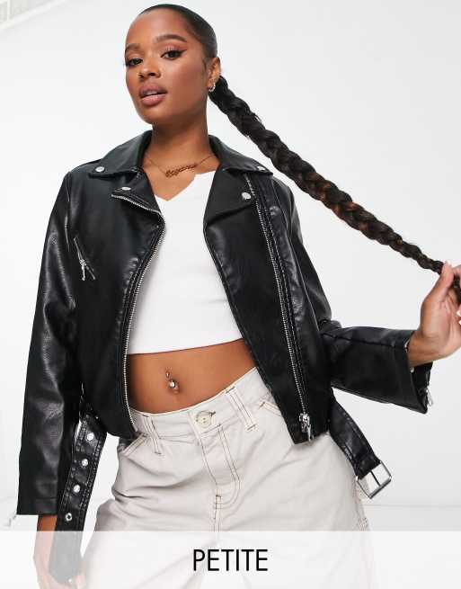 New Look Petite belted faux leather biker jacket in black ASOS