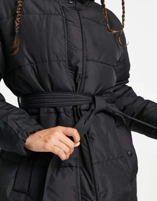 New Look Petite belted midi puffer coat in black