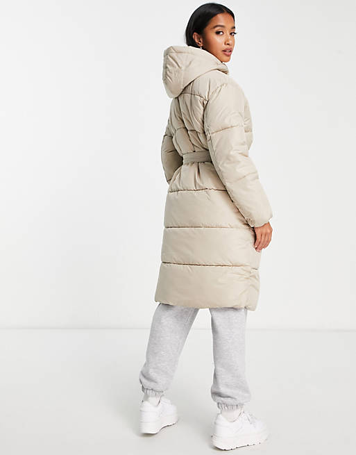 New Look Petite belted midi puffer coat in cream | ASOS