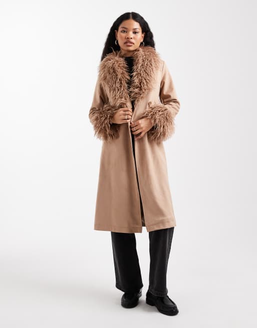 New Look Petite belted suedette faux fur mixed coat in brown