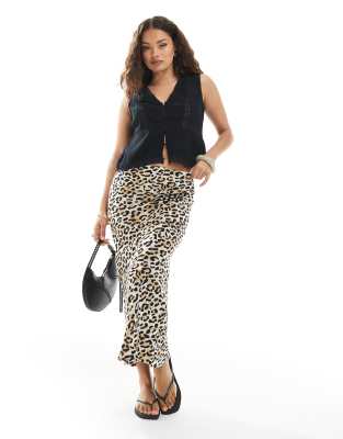 New Look Petite New Look Petite bias midi skirt in leopard print-Brown