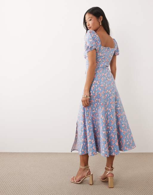 New Look Petite - Blå milkmaid-midikjole med blomsterbuket-print, 3 af 4