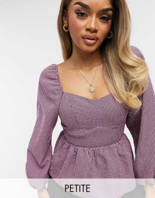 New Look Petite – Bluse mit eckigem Ausschnitt und Vichy-Karo in Rosa