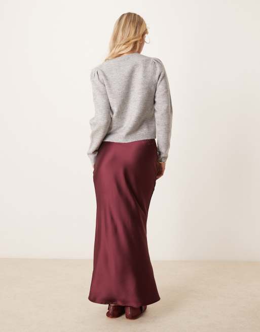 New Look Petite - Bordeauxrød midinederdel i satin med skråsnit, 4 af 5