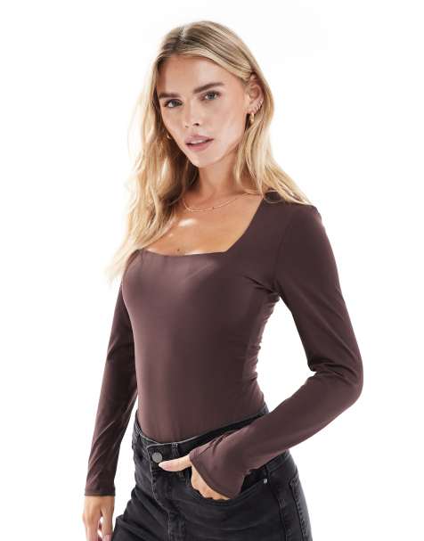 New Look Petite long sleeve square neck bodysuit in brown