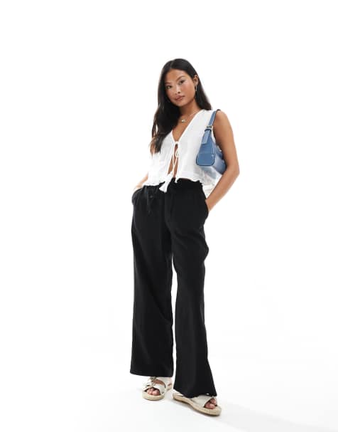 New Look Petite - Broek met linnenlook en wijde pijpen in zwart - view 1