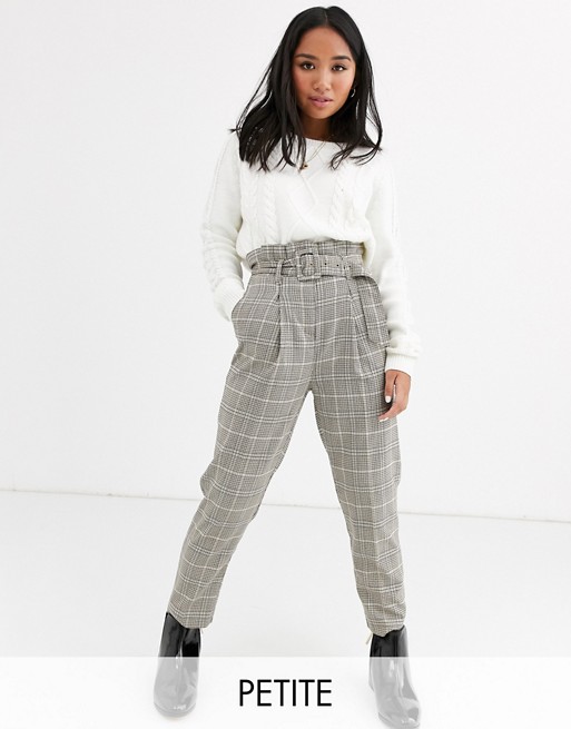 New Look Petite buckle detail check trousers in brown