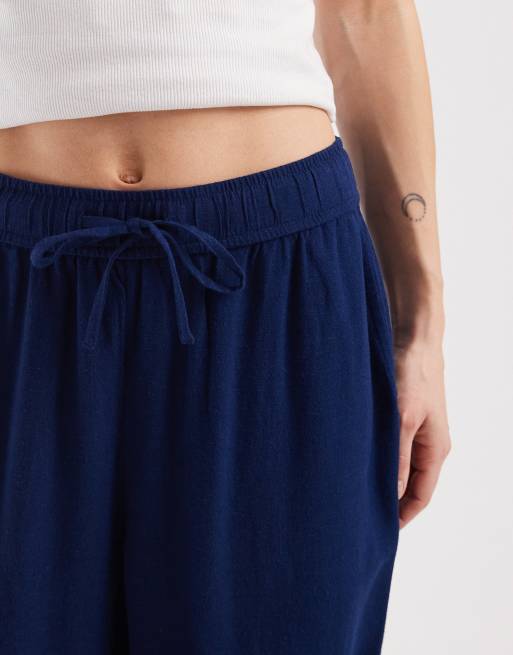 New Look Petite byxor i linnemix med vida ben i marinblått, 4 av 5
