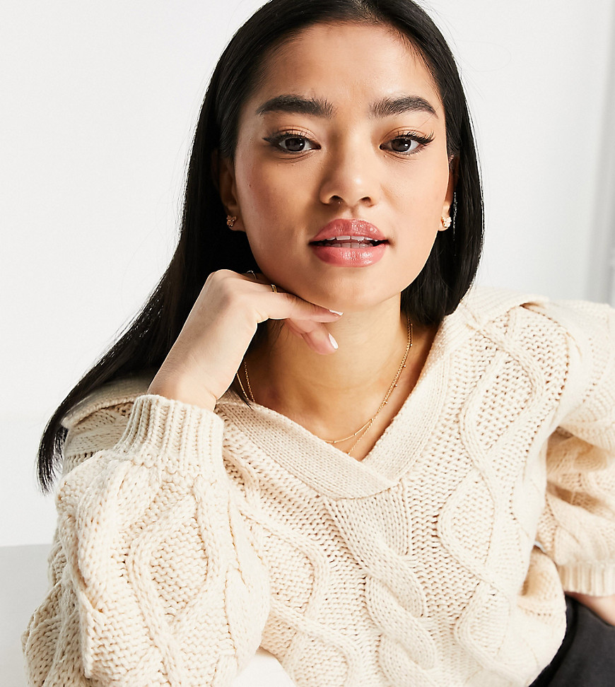 New Look Petite cable sweater with collar detail in white