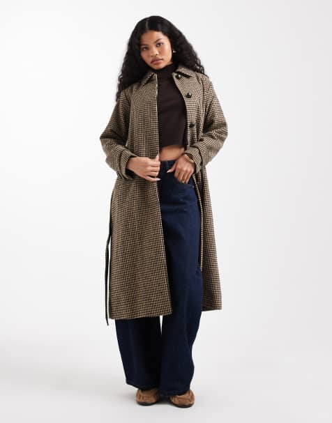 New Look Petite check belted trench coat in brown - view 1