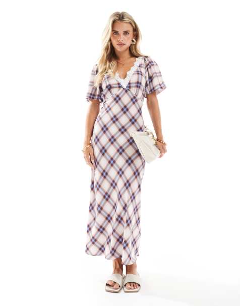 New Look Petite check lace flutter sleeve midi dress in cream - view 1