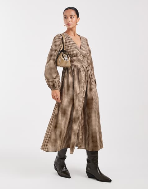 New Look Petite check tea midi dress in yellow pattern