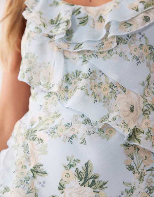 New Look Petite – Chiffon-Midikleid in Blau mit Blumenmuster und Rüschen, 2 von 4