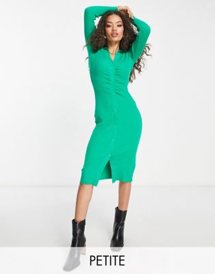 New Look Petite Collared Ruched Button Through Ribbed Midi Dress In Green