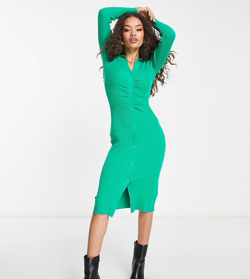New Look Petite collared ruched button through ribbed midi dress in green