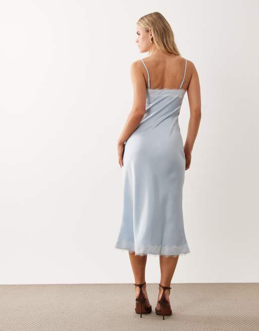 New Look Petite contrast lace strappy satin midi dress in blue