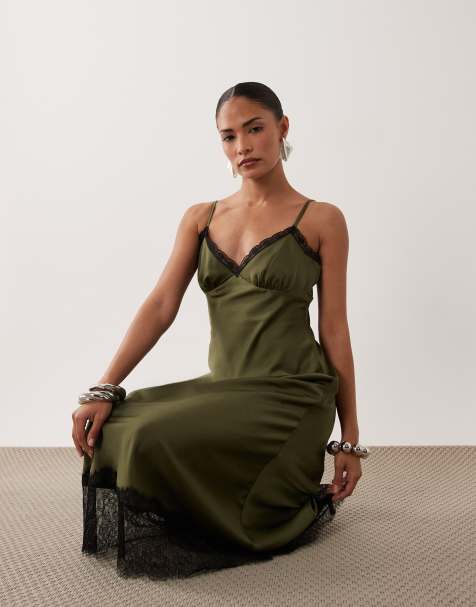 New Look Petite contrast lace trim strappy satin midi dress in khaki - view 1