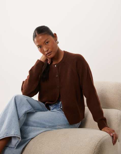 New Look Petite crew neck cardigan in dark brown - view 1