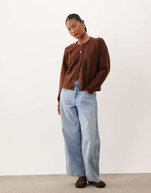 New Look Petite crew neck cardigan in dark brown, 2 of 4