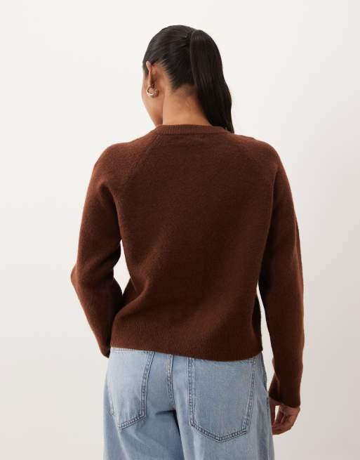 New Look Petite crew neck cardigan in dark brown, 4 of 4