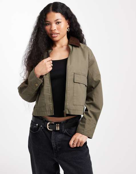 New Look Petite cropped barn jacket in khaki