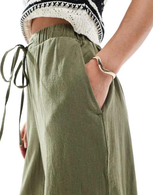 New Look Petite cropped linen trousers in khaki ASOS