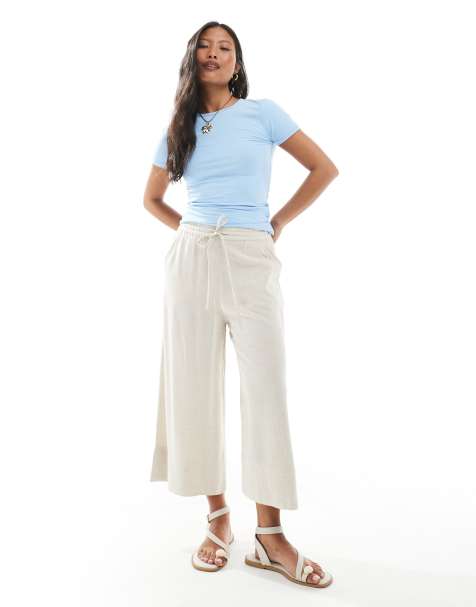 New Look Petite cropped linen trousers in stone - view 1