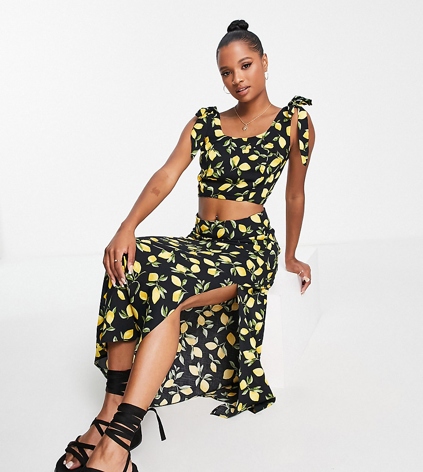 cropped top with tie shoulders in black lemon print - part of a set