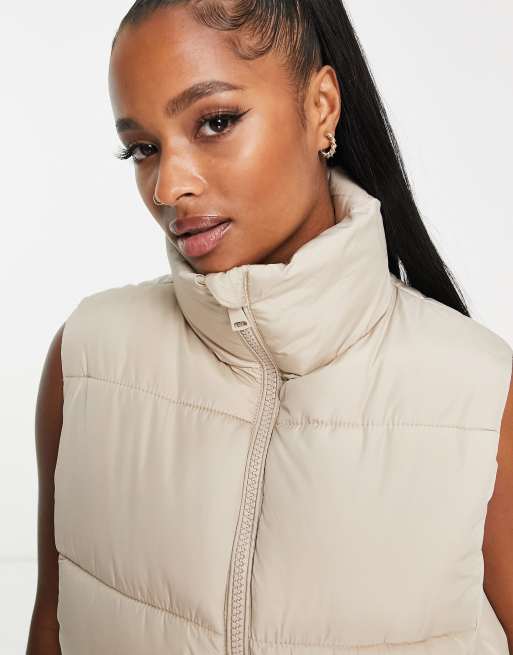 Cream High Neck Cropped Puffer Vest