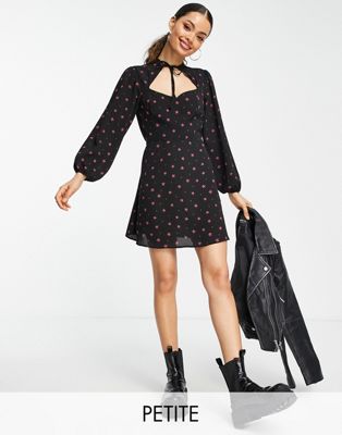 New Look Petite cut out dress with tie neck detail in black and pink star print