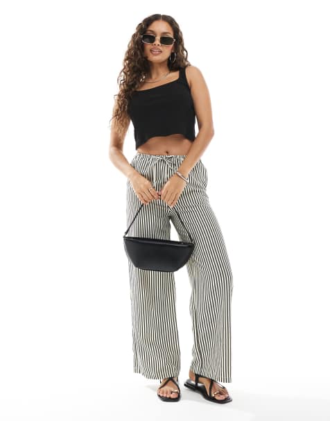 New Look Petite stripe wide leg trousers in black