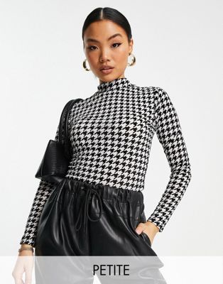 New Look Petite dogtooth mesh high neck top in black